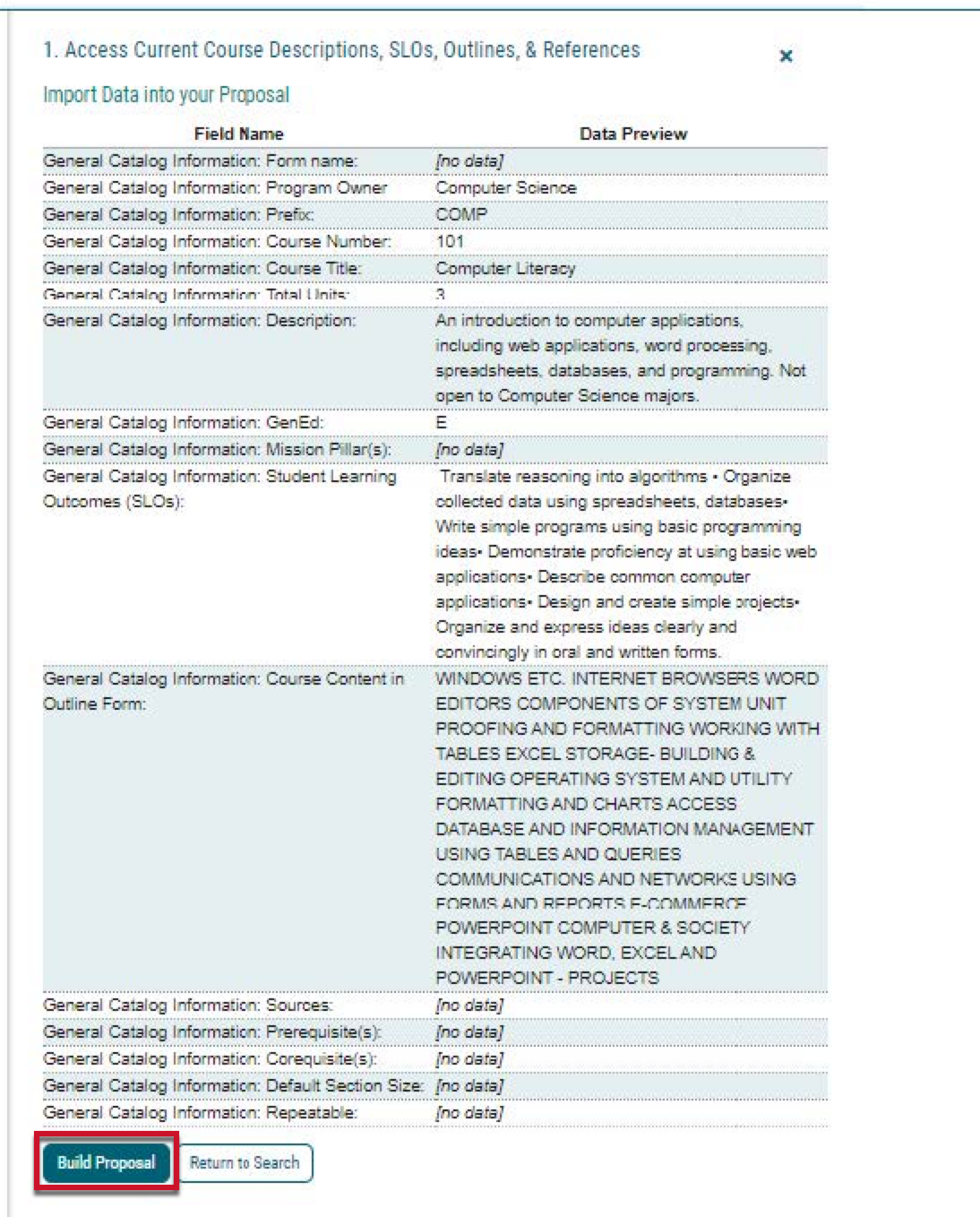 Screenshot of the course catalog information preview with the Build Proposal button highlighted with a colored box.