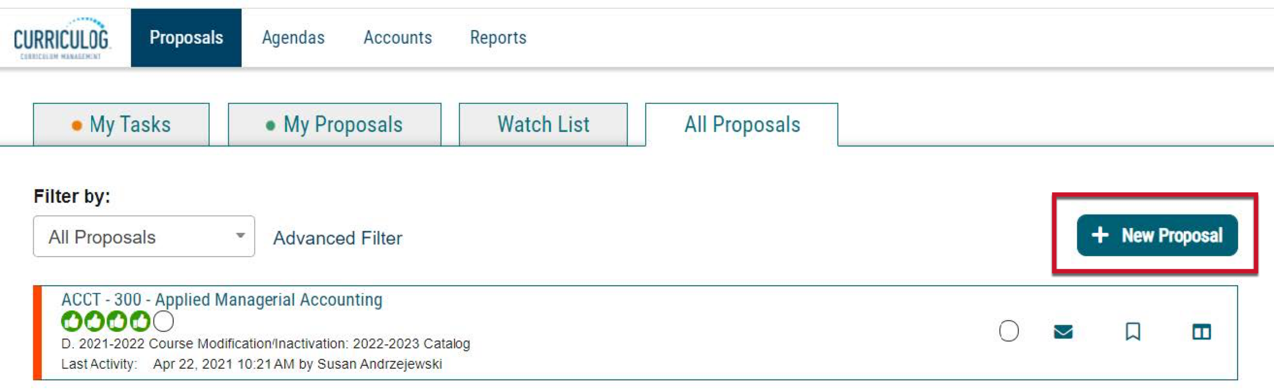 Screenshot of Curriculog page with "New Proposal" button highlighted in a colored box which is located on the right side of the page.
