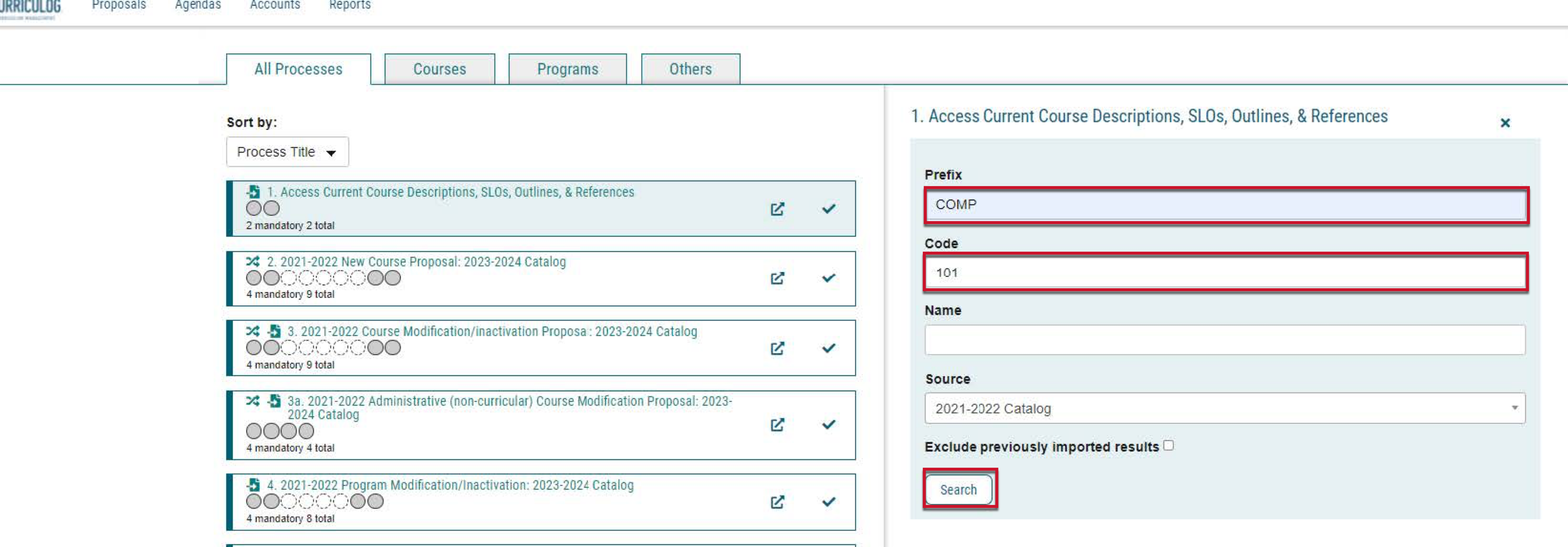 Screenshot of the search dialogue box with the Prefix field, Code field, and search button highlighted with colored boxes.