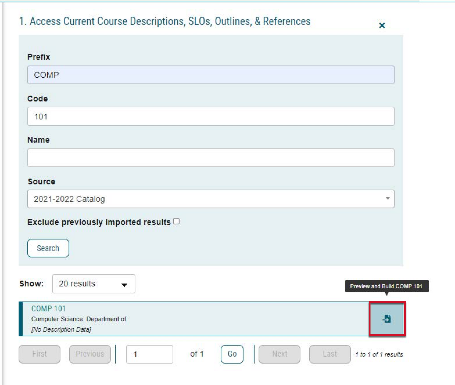 Screenshot of the search dialogue box and the results with the Preview and Build Icon highlighted with a colored box.