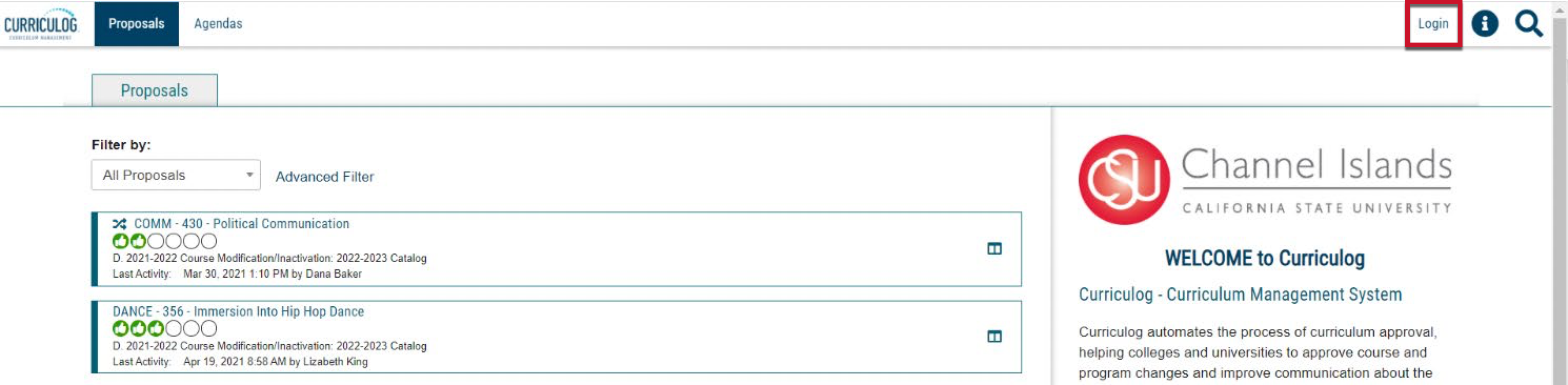 Screenshot of the Curriculog landing page with "login" highlighted in a red box which is located in the upper left of the page