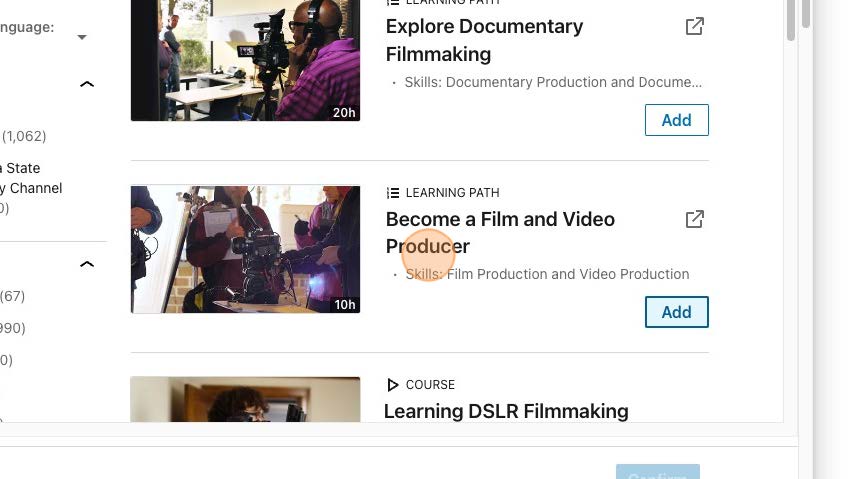Screenshot of LinkedIn Learning search results, highlighting the Add button
