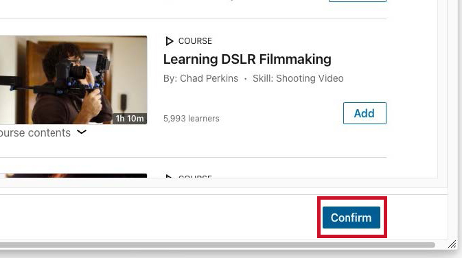 Screenshot highlighting the Confirm button at the bottom of the LinkedIn Learning page