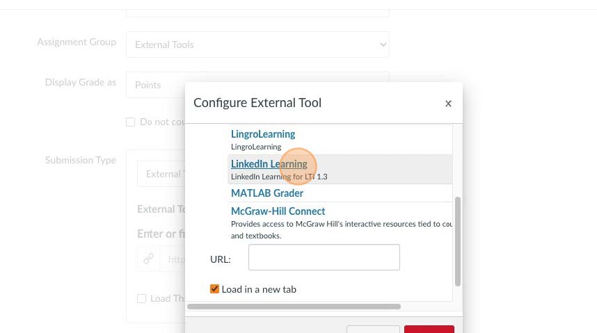 Screenshot highlighting the LinkedIn Learning option in the list of external tools