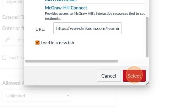 Screenshot highlighting the "Load in a new tab," option and the Select button