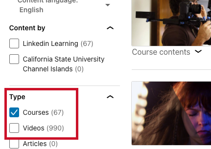 Screenshot highlighting the Courses and Videos checkboxes in LinkedIn Learning