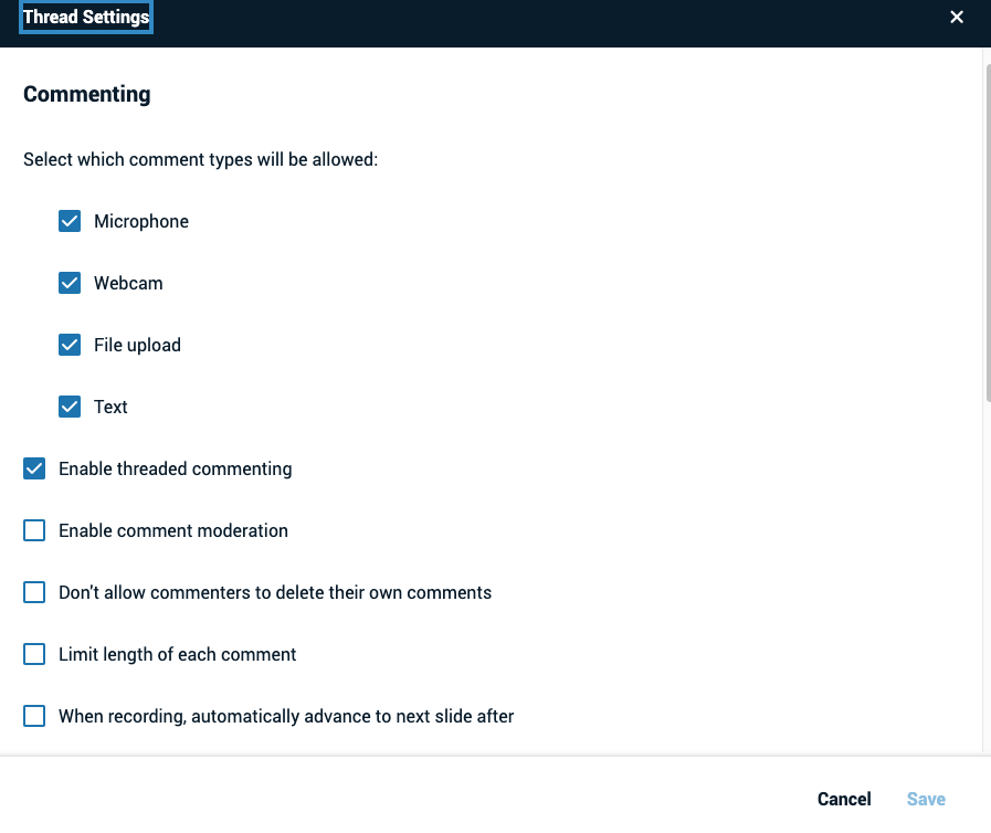 Voice thread comment settings with different comment types allowed