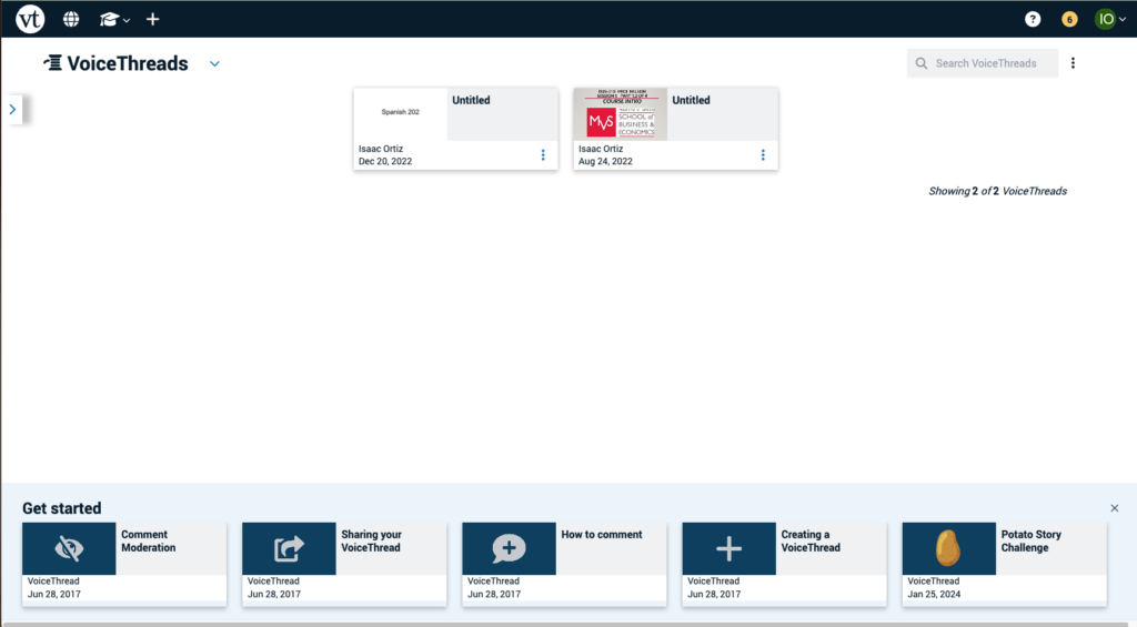 An image of VoiceThreads new dashboard interface.