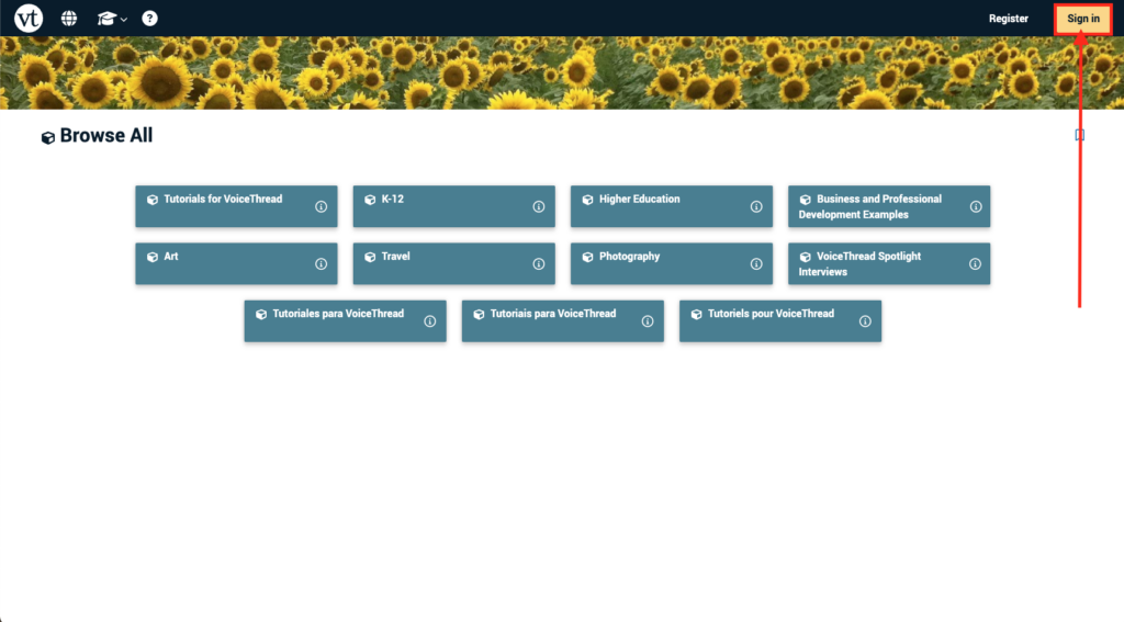 An image of the new VoiceThread menu interface before signing into your account.