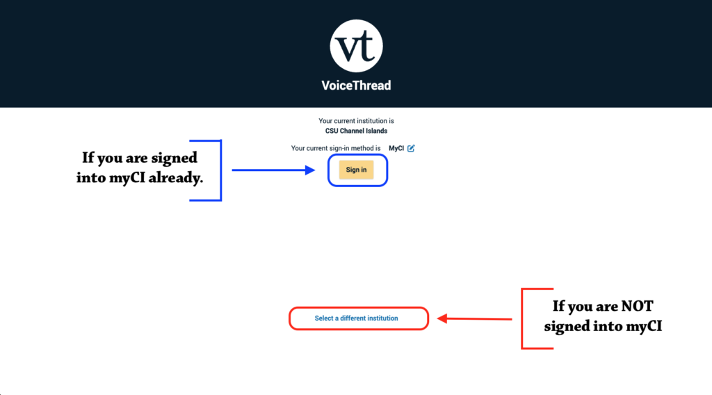 An image with blue and red indicators showing where you sign into VoiceThread. The blue indicates if the user is already signed in and the red indicates if the user isn't signed in.