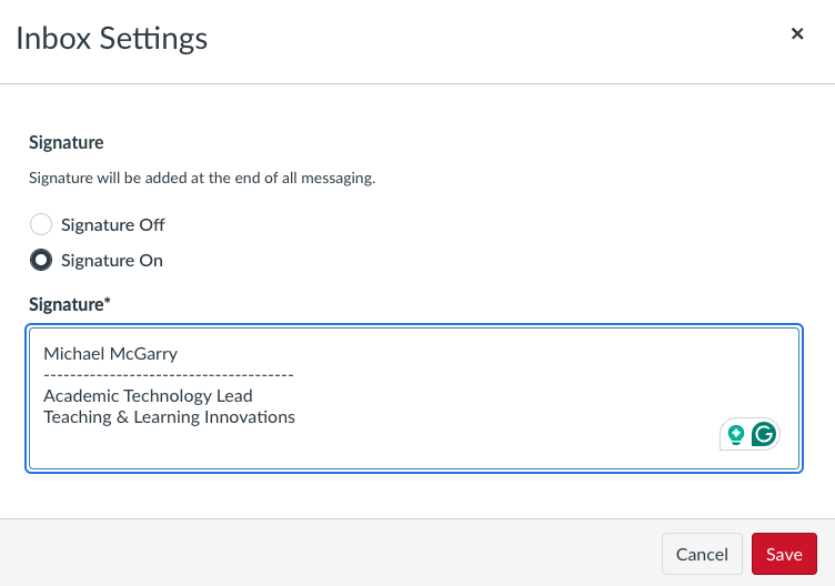 Inbox settings screen with the signature option enabled and an example signature