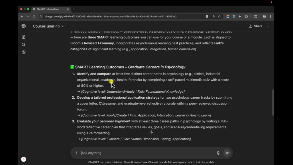 Screenshot of CourseTuner GPT showing three SMART learning outcomes for graduate careers in Psychology.