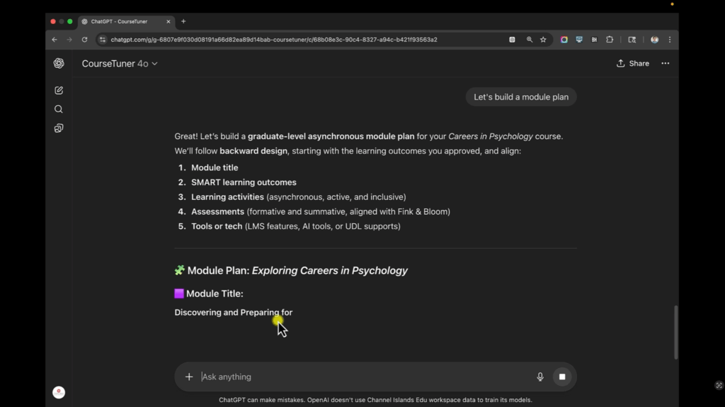 Screenshot of CourseTuner GPT showing module plan outline