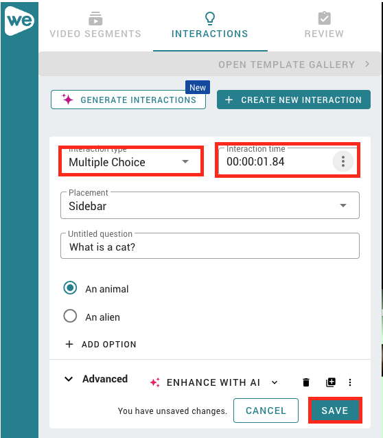 Red box outlining the Interaction types and the interaction time buttons