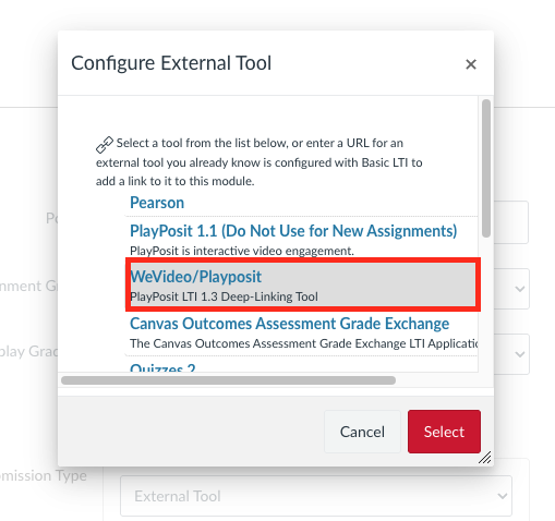 Red box outlining the WeVideo/PlayPosit option on the Configure external tools popup page