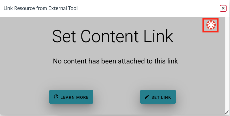 Set Content link popup with a red box outlining the canvas logo in the top right of the screen