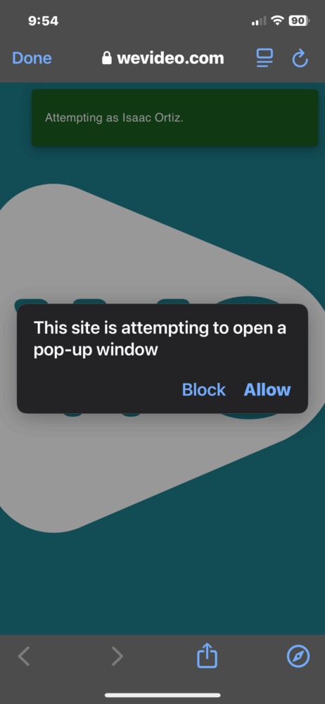 Screenshot of the pop-up window prompt on a WeVideo activity window
