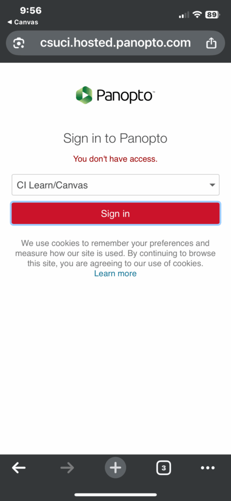 Screenshot of the Panopto sign in screen, highlighting the CI Learn/Canvas option
