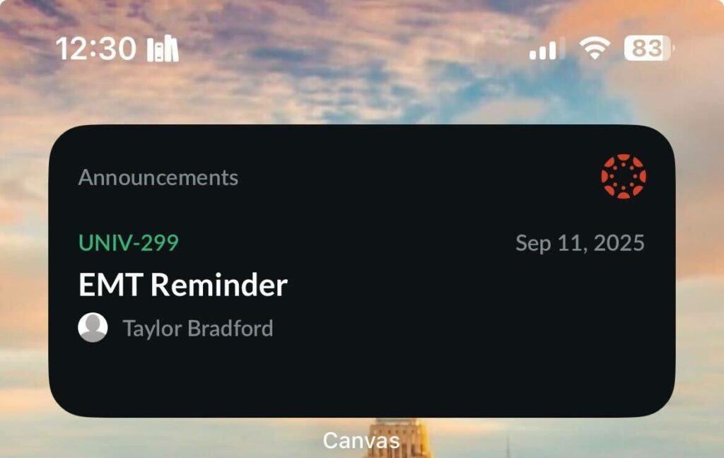 Canvas announcement widget showing “EMT Reminder” for UNIV-299 posted September 11, 2025.