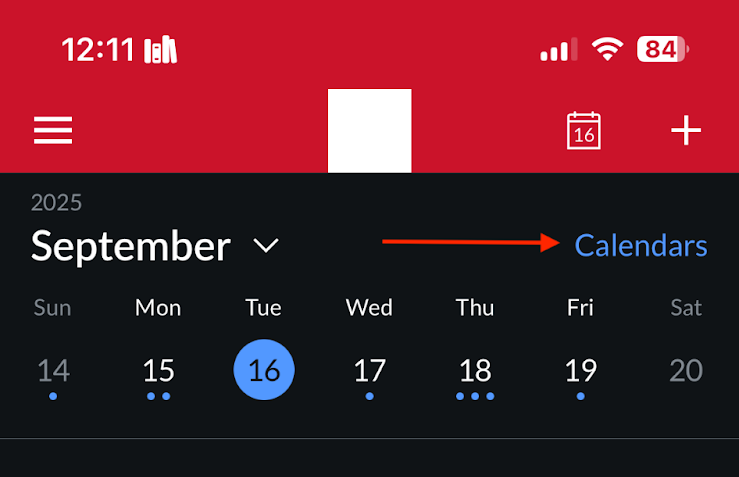 Canvas calendar showing no events today and a red arrow pointing at “Calendars” button in the top right..