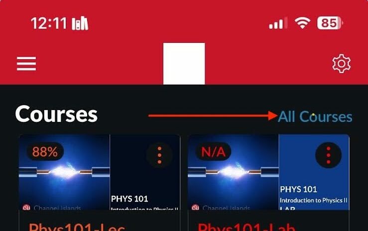 Canvas dashboard showing multiple course cards with course names and grade indicators with a red arrow in the top right indicating an "all courses" button