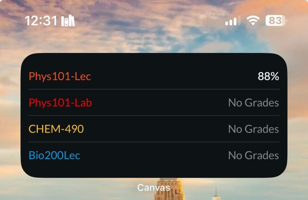 Canvas grades widget showing Phys101 Lecture at 88 percent and other courses with no grades.