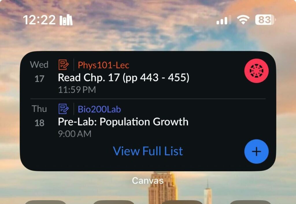 Canvas to-do widget listing a Phys101 reading and a Bio200 lab pre-lab assignment.