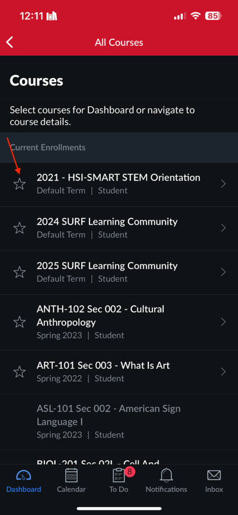 Canvas All Courses screen with “2021 HSI-SMART STEM Orientation” unstarred.