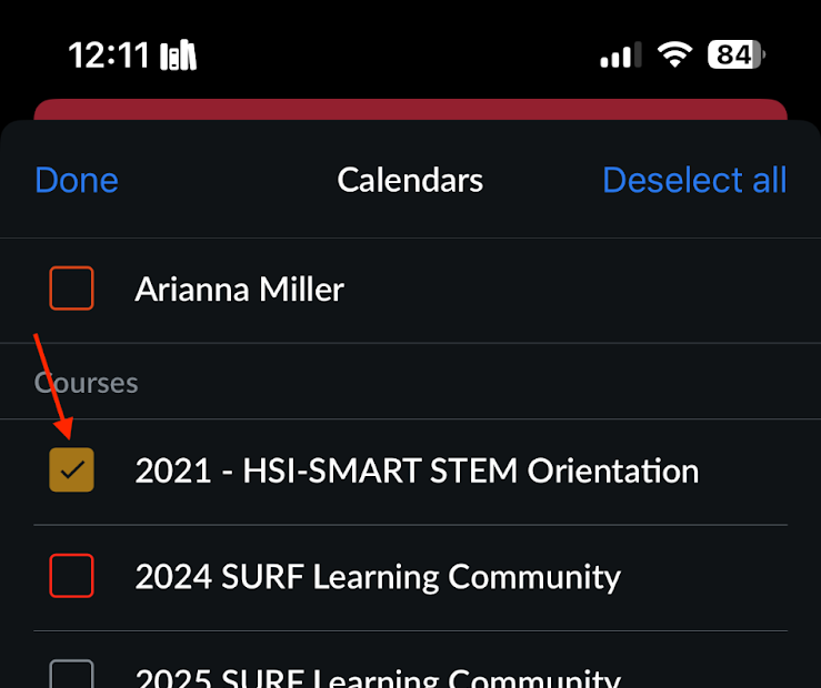 Canvas calendar list with “2021 HSI-SMART STEM Orientation” checked and visible.