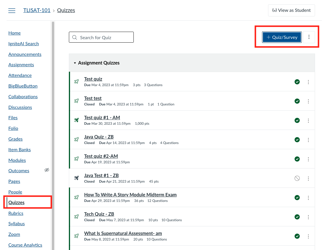 The Quizzes page in Canvas with the Quizzes navigation tab and the ‘+ Quiz/Survey’ button emphasized to show where to create a new quiz or survey.
