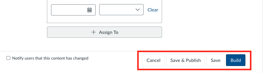 The lower portion of the Canvas quiz setup page, highlighting the action buttons: Cancel, Save & Publish, Save, and Build; used to finalize or continue building the quiz.