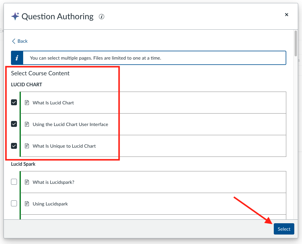 The Question Authoring interface in Canvas, highlighting selected course content pages under the Lucid Chart module and the Select button used to proceed with generating quiz questions.