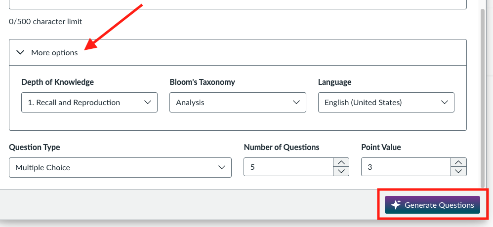 The Question Authoring panel expanded to show advanced options such as Depth of Knowledge and Bloom’s Taxonomy, with the Generate Questions