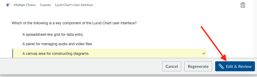The Generated Questions Preview screen, where instructors can view AI-generated questions and proceed by selecting the Edit & Review button.