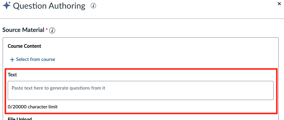 The Source Material panel in the Question Authoring tool, emphasizing the text input field used to generate quiz questions from pasted content.