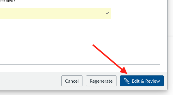 The Generated Question Preview screen displaying an AI-generated question with the right answer and highlighting the Edit & Review button used to proceed with refining the question.