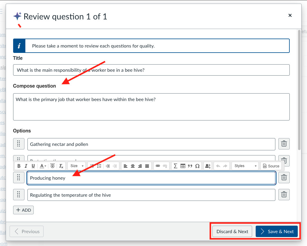 The Review Question interface in Canvas, highlighting editable question text, answer options, and the navigation buttons for moving to the next question.