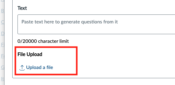 The Source Material panel in the Question Authoring tool, emphasizing the File Upload option used to generate quiz questions from uploaded documents.