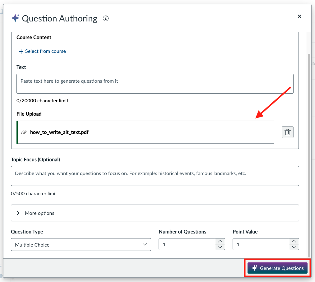 The Question Authoring interface with an uploaded PDF file selected as the source material, highlighting the Generate Questions button used to create quiz items from the uploaded document.