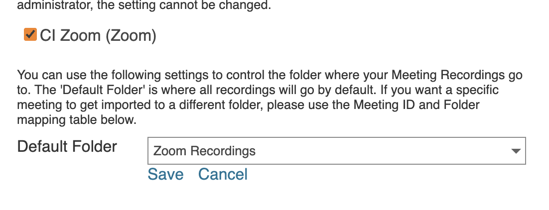 Screenshot of the default folder field in Panopto set to Zoom Recordings