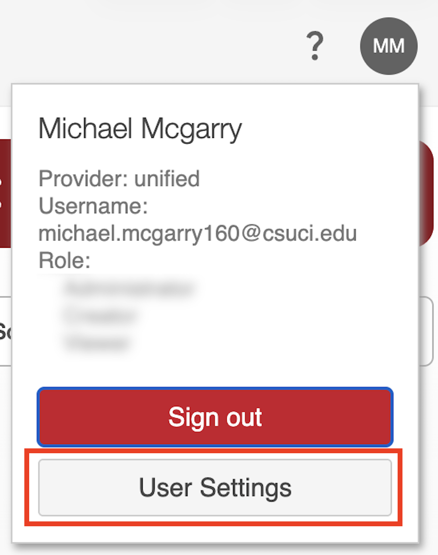 Screenshot highlighting the User Settings button within the user menu in Panopto