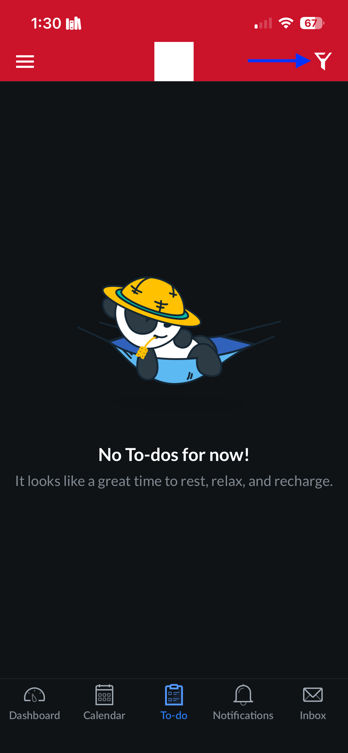 Blue arrow pointing to the filter button on the top right of the to-do list page