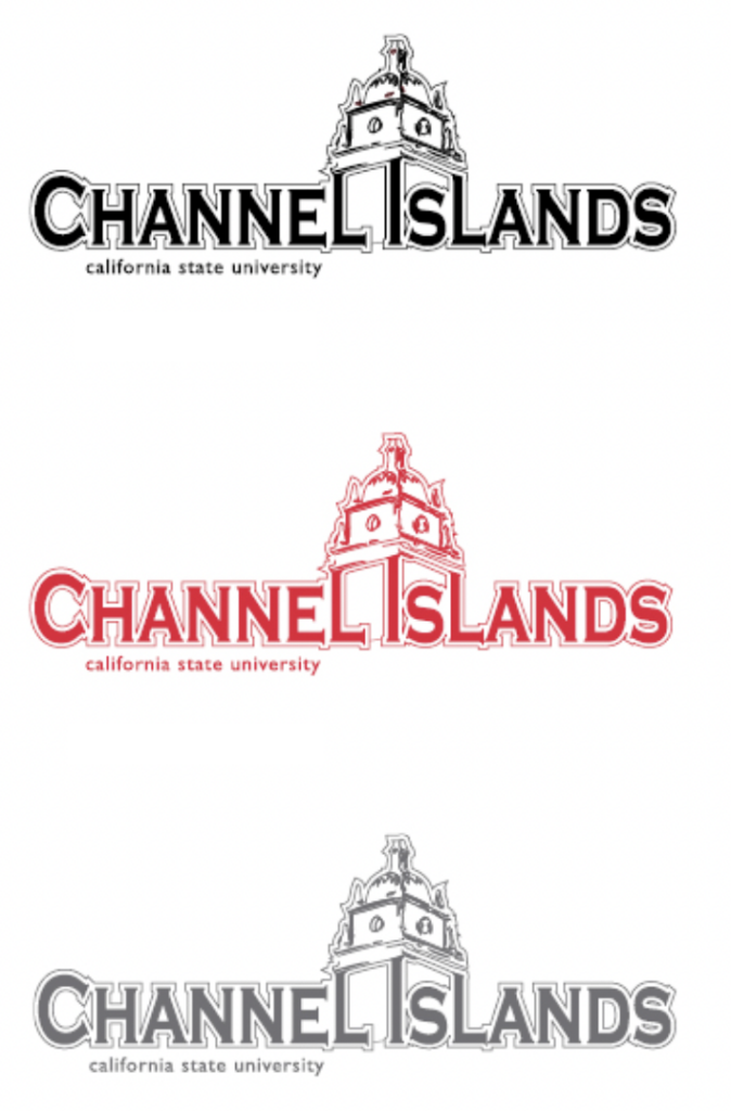 CSU Channel Islands Bell Tower logos in Black, Red, and Gray as seen with normal vision