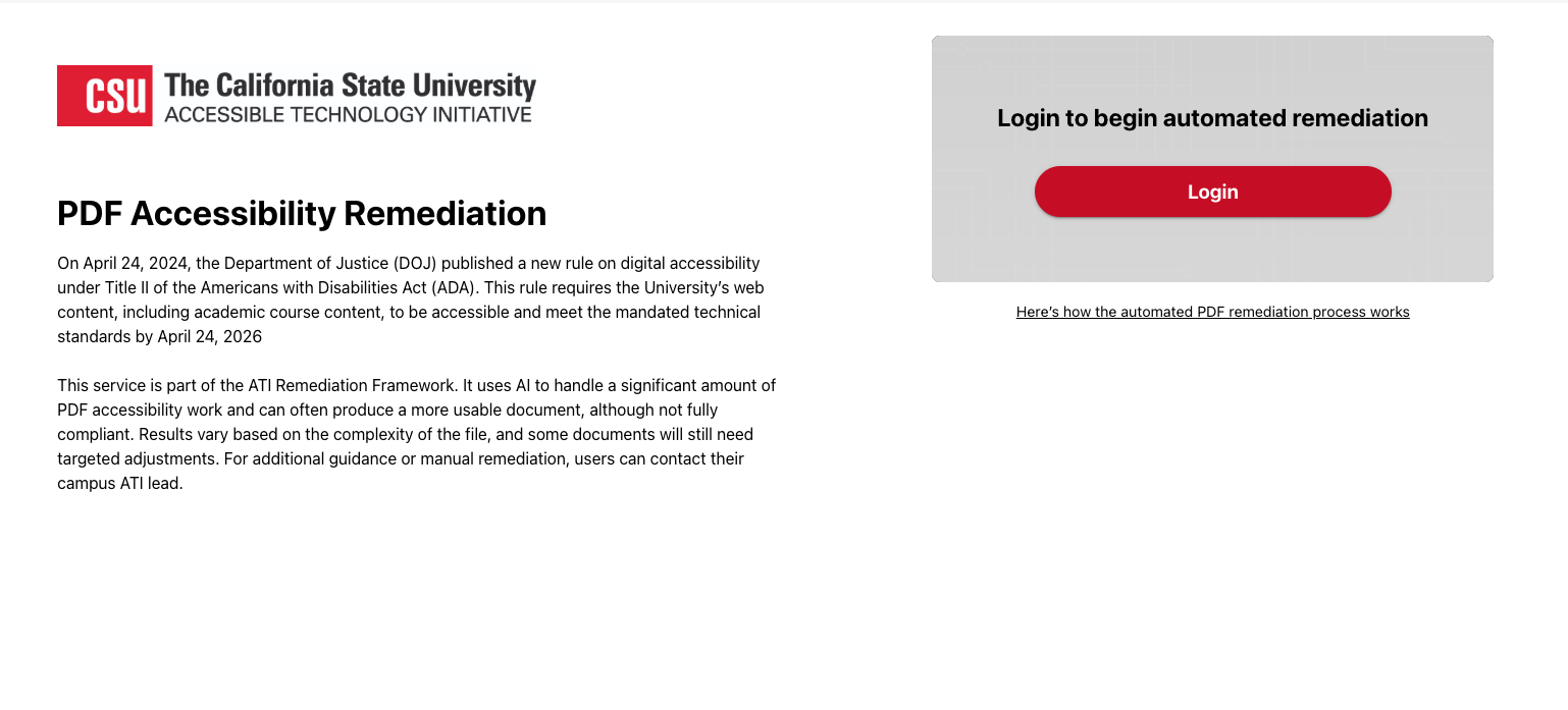 Screenshot of CSU PDF Accessibility Remediation Page showing the Login button toward the upper right of the page.