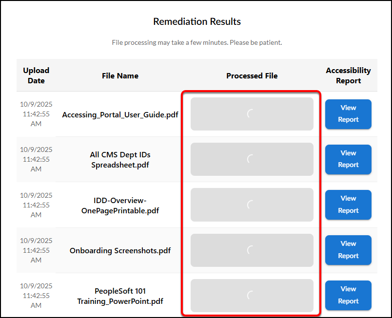 Remediation Results screen showing a table with upload date, file name, processed file status, and Accessibility Report columns, with loading spinners visible in the Processed File column.