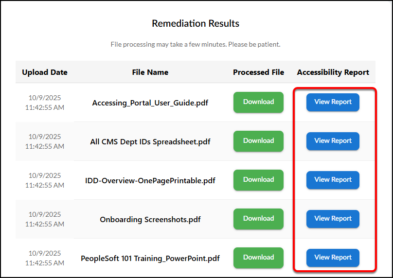 Remediation Results screen showing a table with upload date, file name, processed file status, and Accessibility Report columns, with loading spinners visible in the Processed File column.