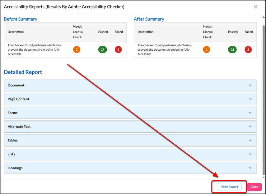 Accessibility Report screen with an arrow pointing to the highlighted “Print Report” button at the bottom.