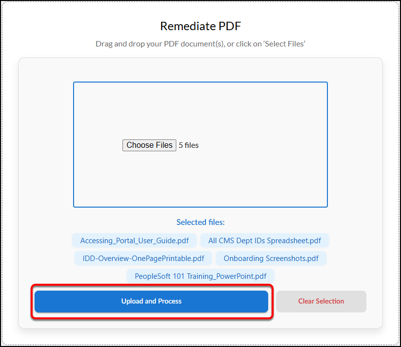 After selecting files, the “Upload and Process” button appears active below the  selected PDFs.
