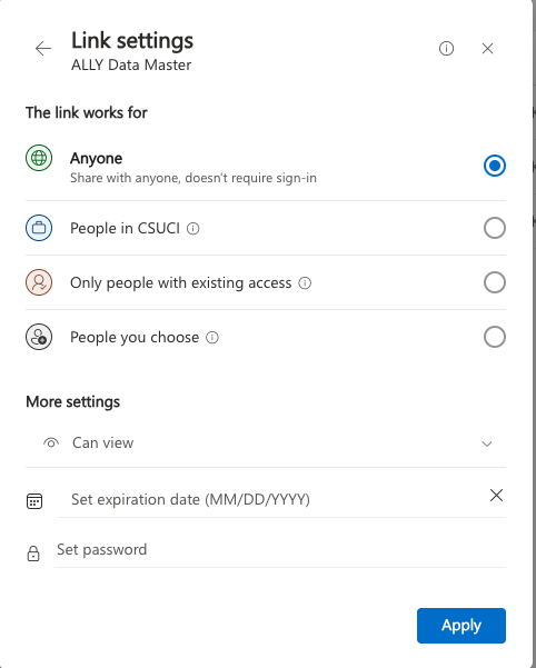 Screenshot of OneDrive Link Settings. Full description below