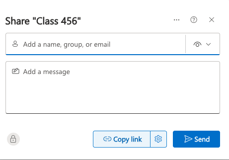 OneDrive Share panel showing fields for adding a name, group, or email, an Add a message area, and three buttons at the bottom: a lock icon, Copy link with gear icon, and Send.